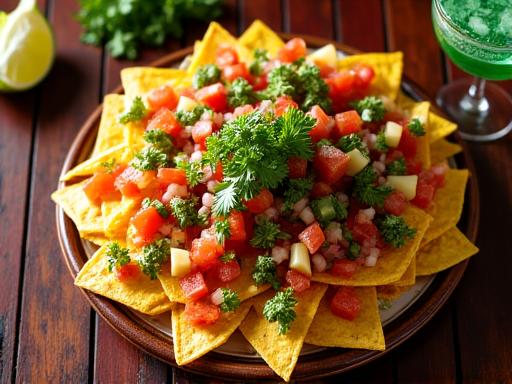 Pláta nachos luchtaithe agus mhanglaim ildaite.