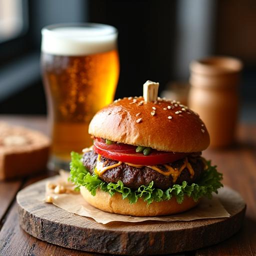 Borgar gourmet agus pionta ceird-bheor ar bhord adhmaid.